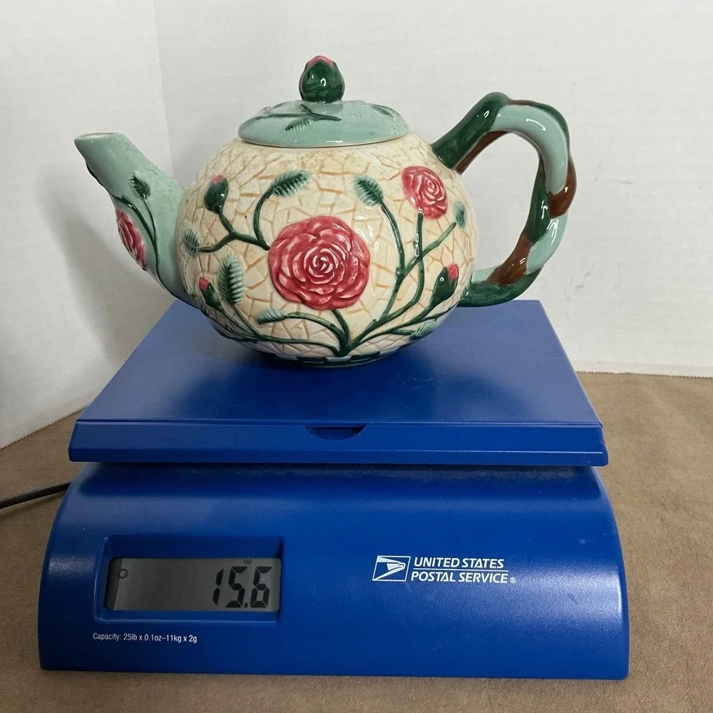 Flowers Inc Balloons Hand‎ Painted Ceramic Teapot Roses Green Aqua Brown Handle